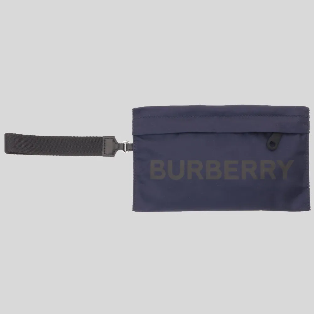 BURBERRY Unisex Logo Print Nylon Zip Wristlet Pouch Navy Blue 80528411