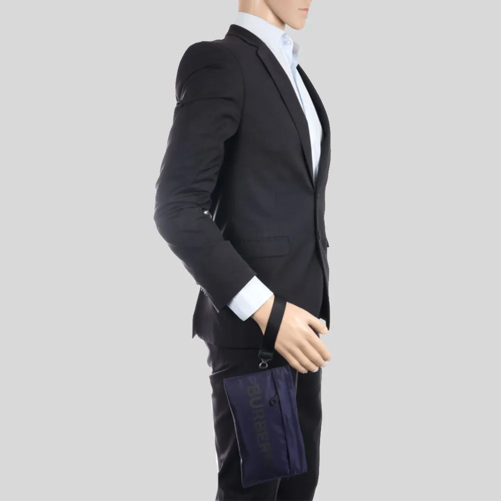 BURBERRY Unisex Logo Print Nylon Zip Wristlet Pouch Navy Blue 80528411