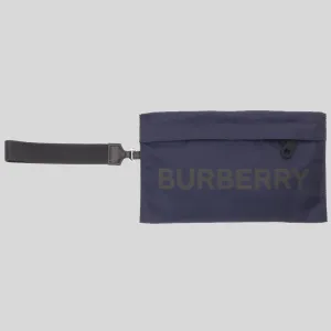 BURBERRY Unisex Logo Print Nylon Zip Wristlet Pouch Navy Blue 80528411