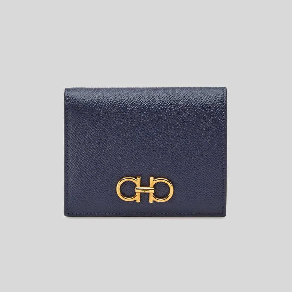 FERRAGAMO Calf Leather Small Bifold Wallet Midnight 771175