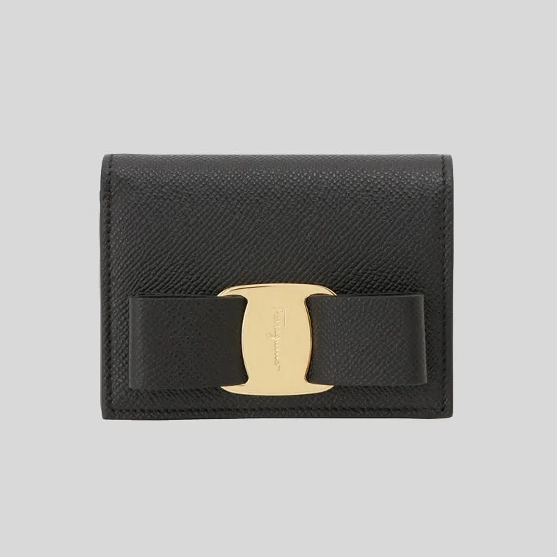 FERRAGAMO Vera Bow Calf Leather Small Bifold Wallet Black 725300