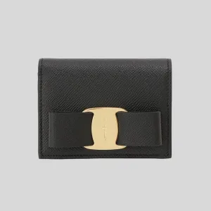 FERRAGAMO Vera Bow Calf Leather Small Bifold Wallet Black 725300