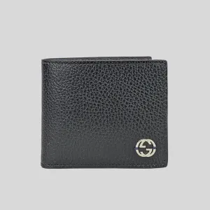 GUCCI Men's Leather Bifold Coin Wallet With Interlock GG Logo Black 610466